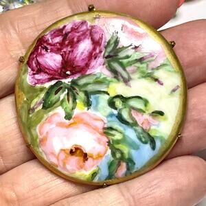 Vintage Brooch Hand Painted Porcelain Flowers Vtg Estate Costume Jewelry M03